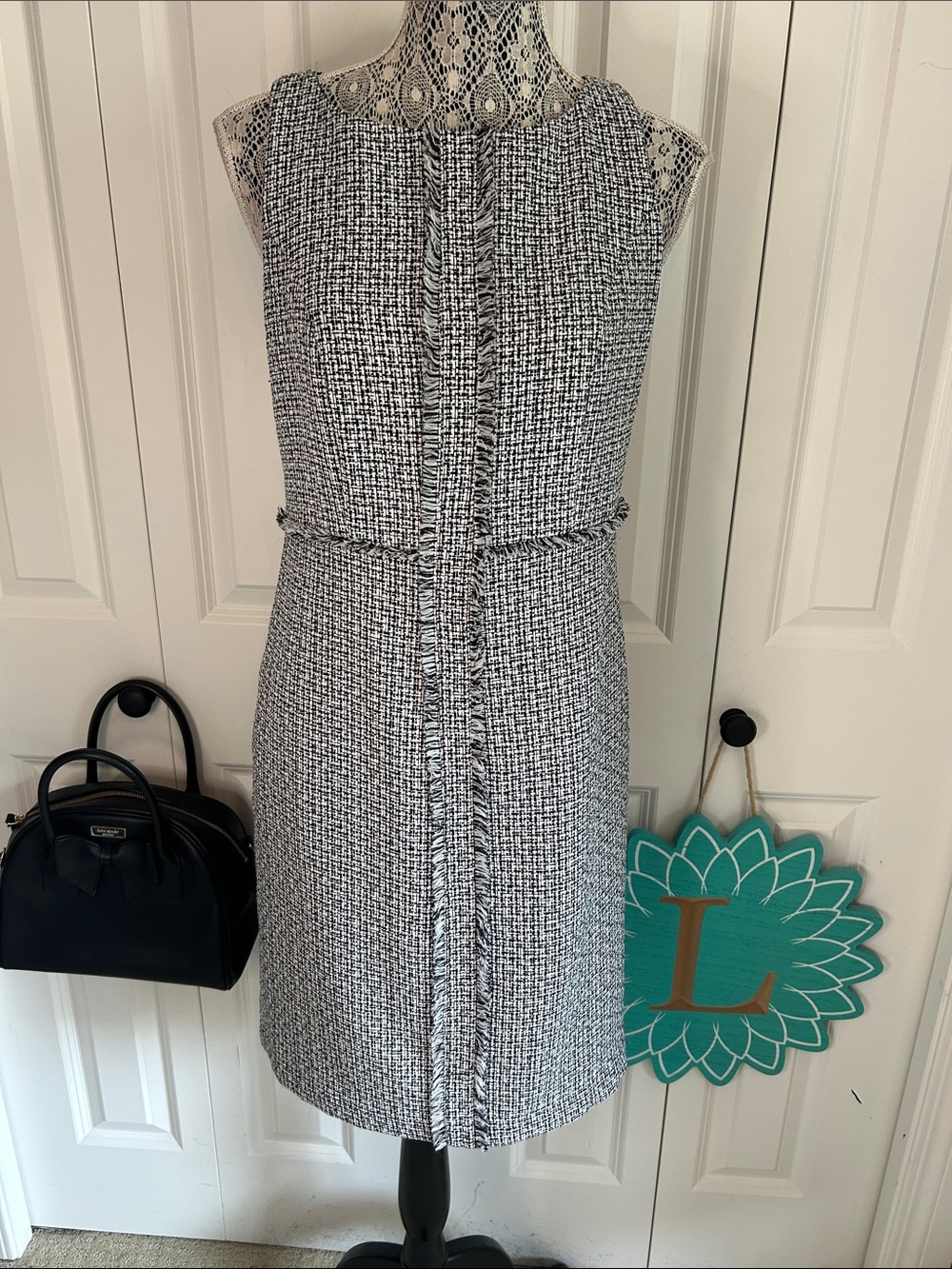 Chapter One Black & White Frayed Tweed Sleeveless Shift Dress - Size 8